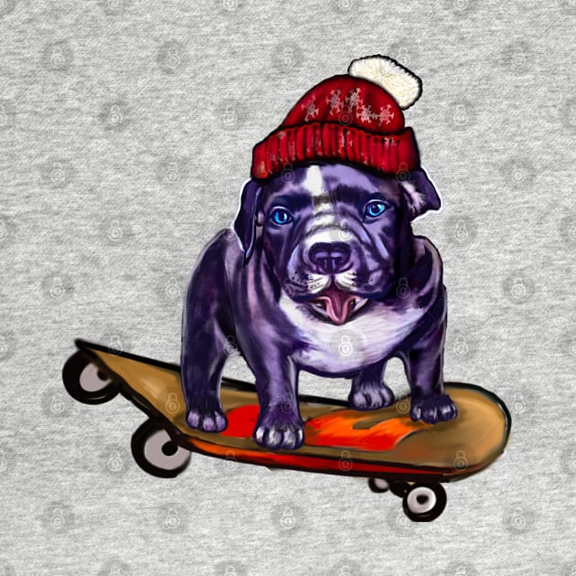 pit bull dog puppy skateboarding in a red beanie hat - cute funny blue line pittie with piercing blue eyes by Artonmytee